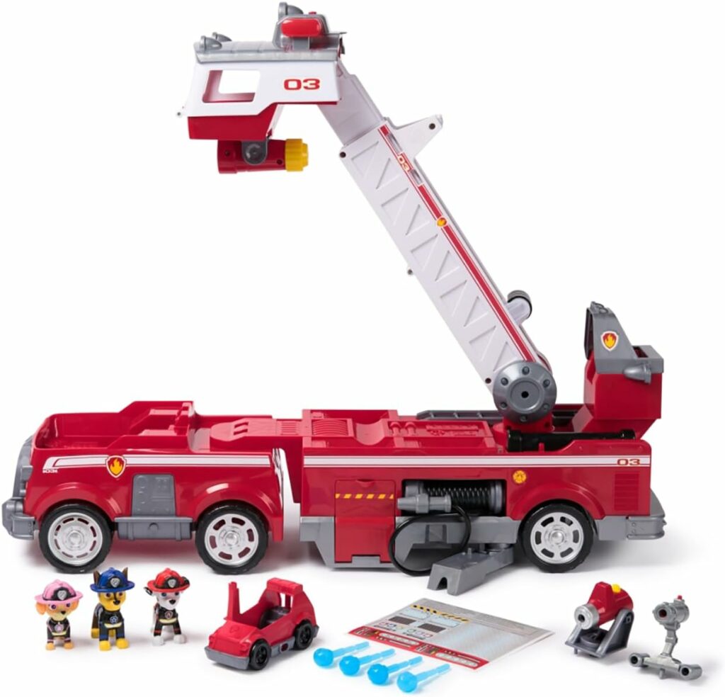 rotes Paw Patrol Feuerwehrauto mit Marshall, Chase und Skye Action Figuren, ein rotes Mini-Fahrzeug und vier Wasserprojektile 