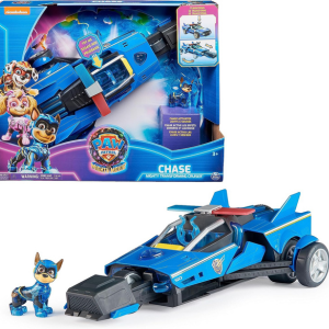 Auf dem Bild ist Chase mit seinem blauen Raketenauto im Rettungsmodus, sowie ein Foto der Spielset Verpackung zu sehen