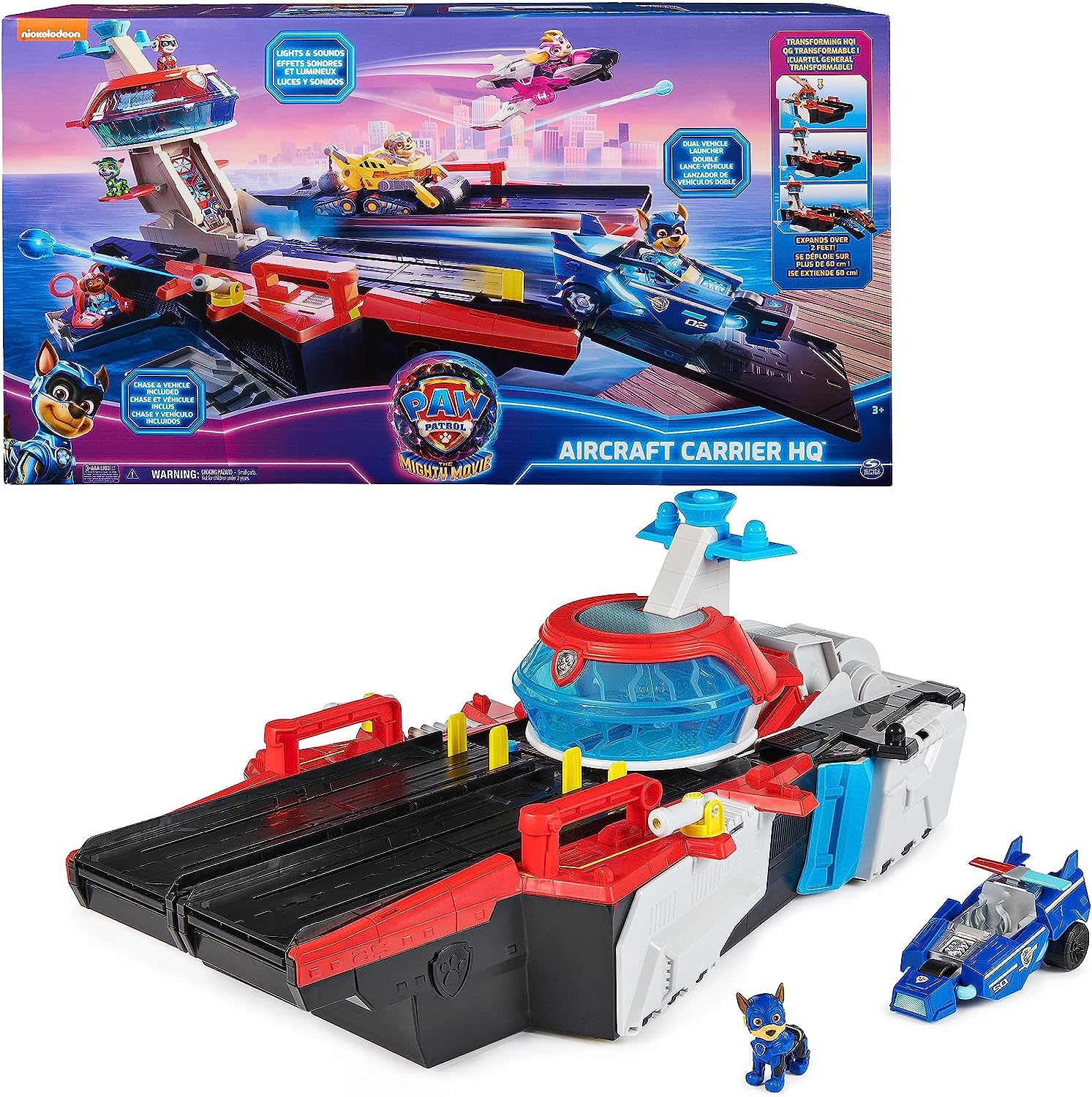 Bild mit Marine Hauptquartier im Schiffs-Design, Chase, sein Polizeiauto und die Spielzeug-Set Verpackung 