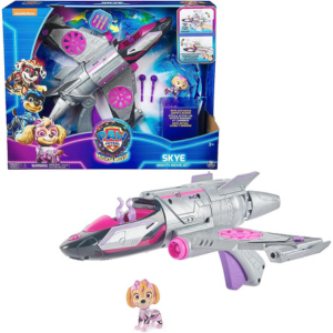 Auf dem Bild ist Skye mit ihrem silbernen Jet mit pink und lilafarbenen Elementen im Rettungsmodus, sowie ein Foto der Spielset Verpackung, zu sehen