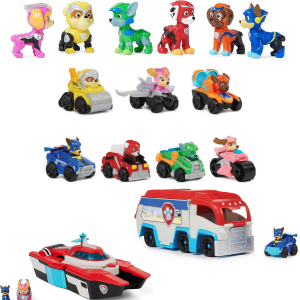 Auf dem Bild sind alle Squad Spielzeuge zu sehen. Alle 6 Figuren, 7 Racer , das Marine Hauptquartier und der Patroller