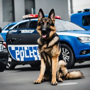 Schäferhund vor einem blauen Polizeiauto