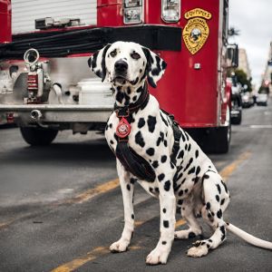 Dalmatiner sitzt vor einem roten Feuerwehrauto