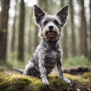 grauer Mischlingshund sitzt im Wald