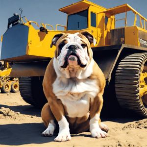 englische Bulldogge sitz vor einem gelben Baufahrzeug