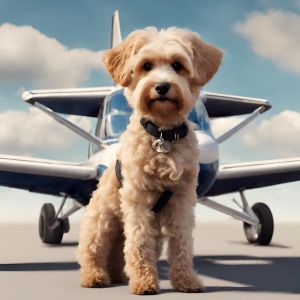 hellbrauner Cockapoo sitzt vor einem Flugzeug