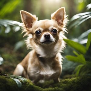ein hellbrauner Chihuahua sitzt zwischen grünen Blättern im Dschungel