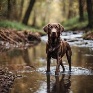 schokobrauner Labrador steht in einem Flussbett im Wald