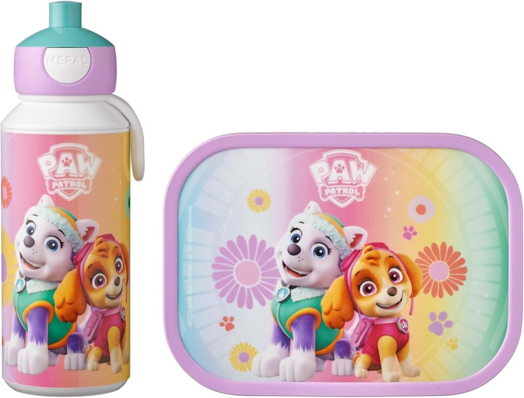 Rosa Brotdose und Trinkflasche mit der Paw Patrol für die Schultüte