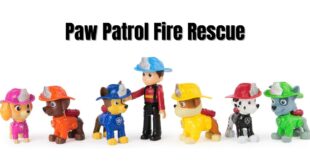 Paw Patrol Fire Rescue: Ryder Figur mit seinen sechs Welpen. Chase, Marshall, Rocky, Rubble, Skye und Zuma in ihrem Feuerwehroutfit