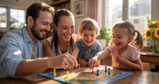 Paw Patrol Gesellschaftsspiele lachende Familie mit zwei Kindern spielt ein Brettspiel