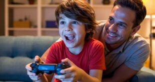 Paw Patrol Konsolenspiel ein begeisterter kleiner Junge mit seinem lächelnden Vater