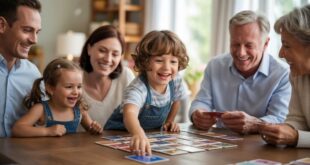 Paw Patrol Spiele Eine lachende Familie sitzt am Wohnzimmertisch und spielt gemeinsam Memory