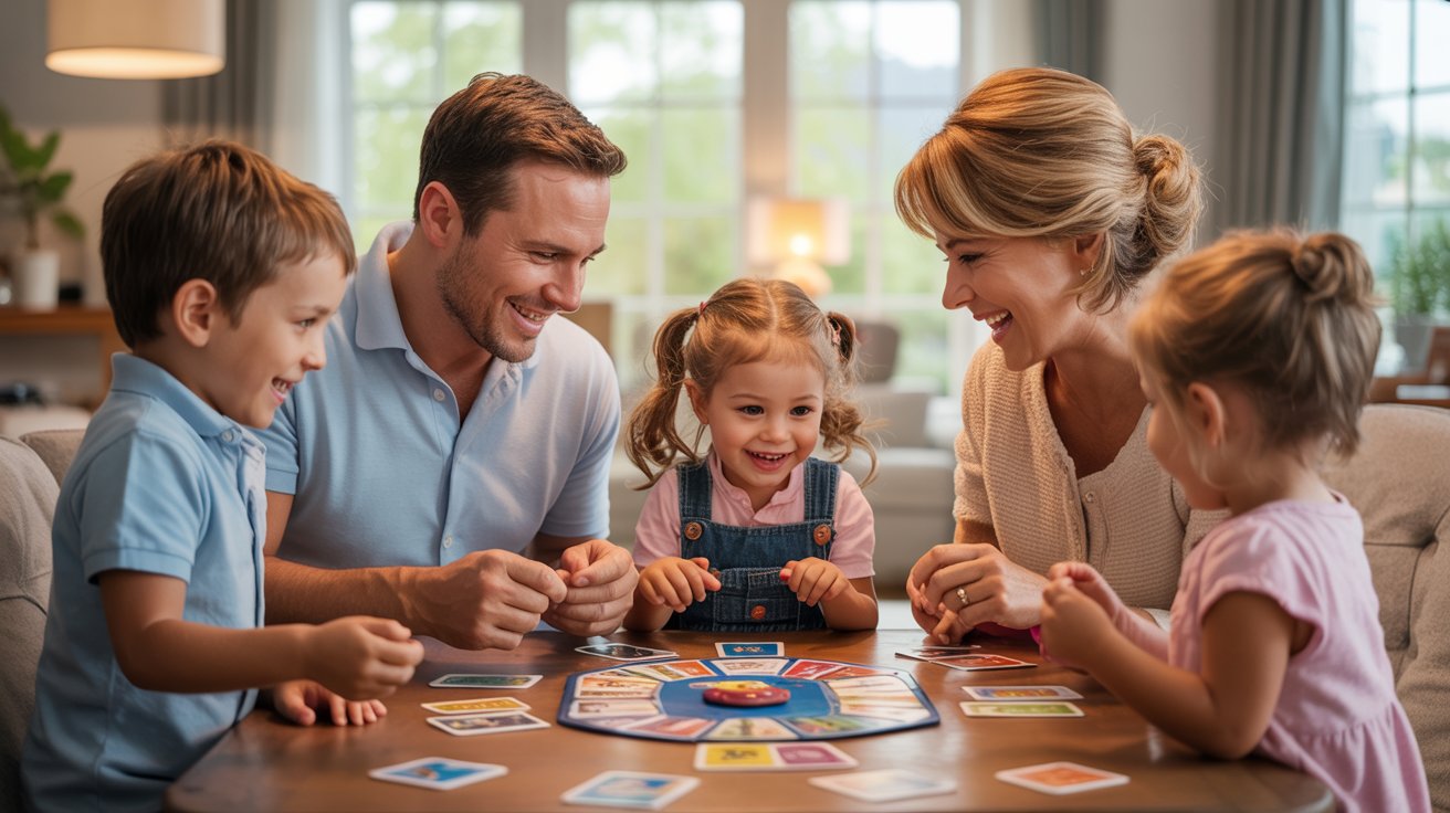 Paw Patrol SpinMaster Games Familie mit drei Kindern amüsieren sich beim Spielen