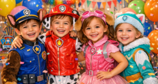 4 strahlende Kinder in Paw Patrol Faschingskostümen